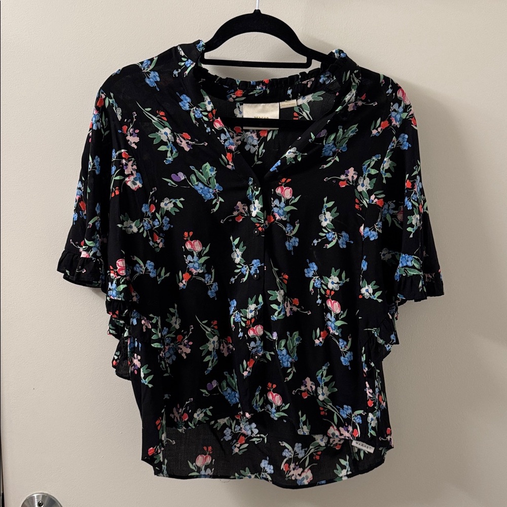 Anthropologie Maeve Black Blouse with Colorful Floral Design